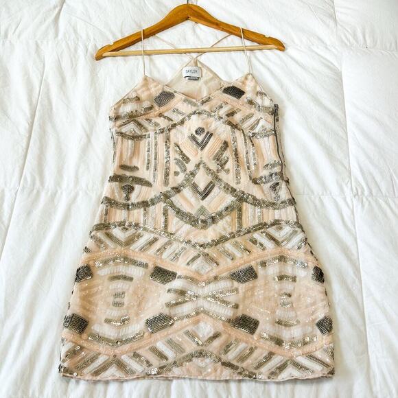 NWOT Saylor Talia Revolve Sequin Geometric Mini Dress XS Nude Sparkle Party - Picture 2 of 7